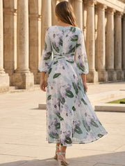 A Line Princess V Neck Chiffon Mother Of The Bride Dresses 3 4 Sleeves Floral Tea Length Ruched