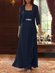 A Line Princess Square Collar Chiffon Mother Of The Bride Dresses With Jacket Lace Ankle Length 3 4 Sleeves
