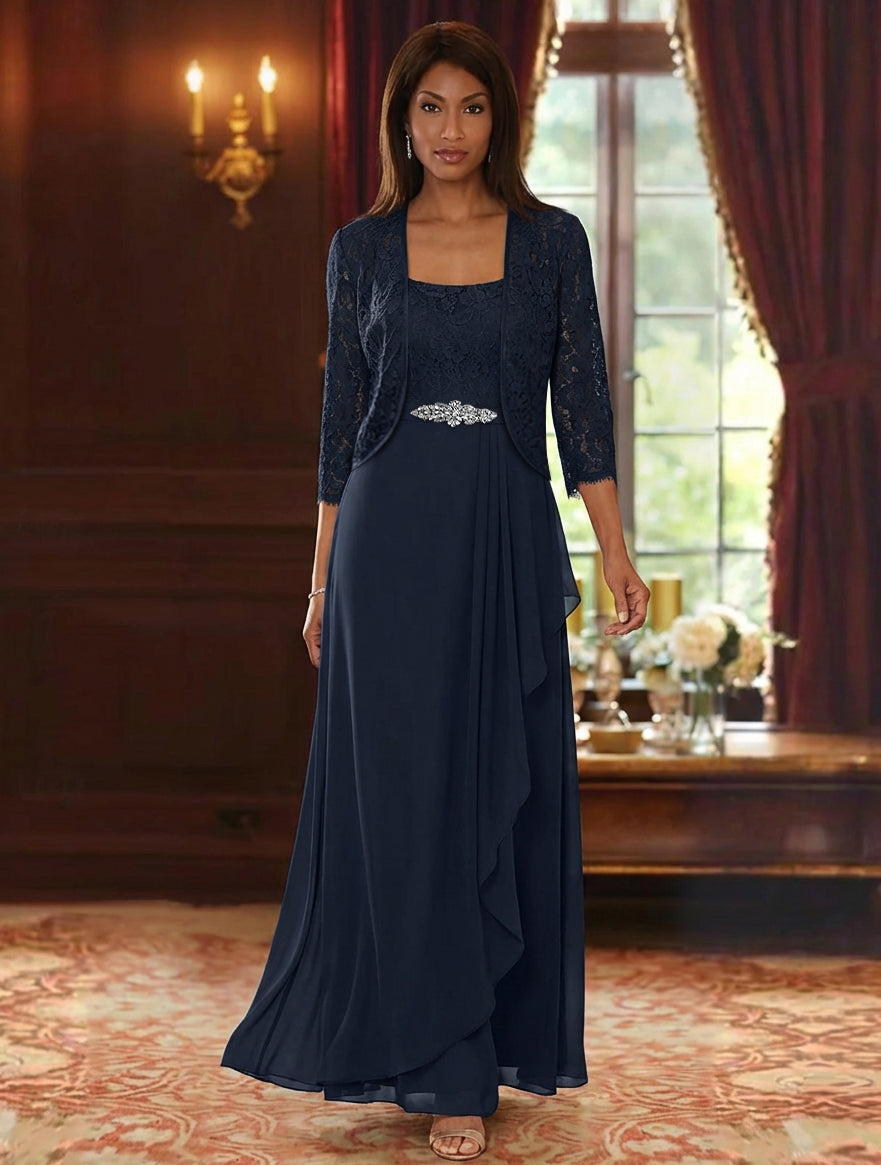A Line Princess Square Collar Chiffon Mother Of The Bride Dresses With Jacket Lace Ankle Length 3 4 Sleeves