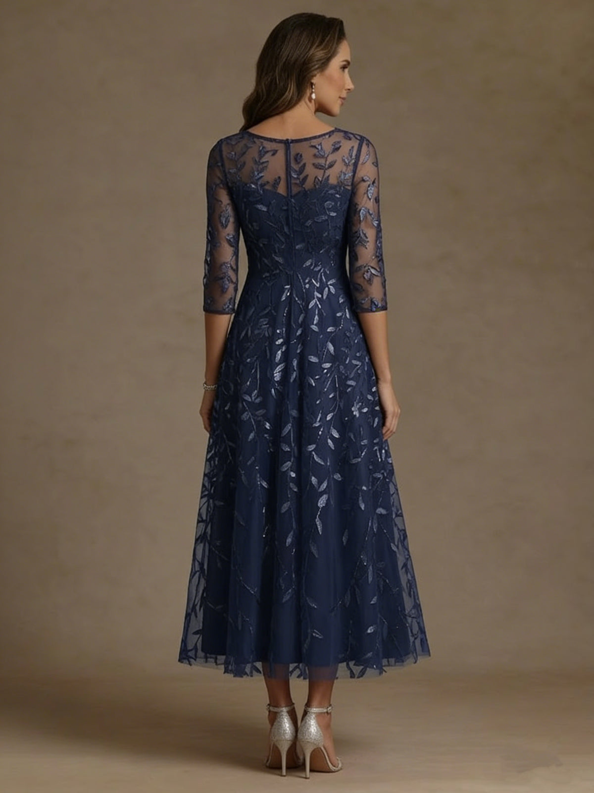 A Line Princess Scoop Lace Sequins Mother Of The Bride Dresses 3 4 Sleeves Floral Tea Length