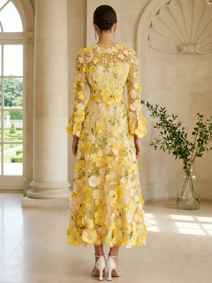 A Line Princess Scoop Lace Appliques Mother Of The Bride Dresses Floral Long Sleeves Tea Length