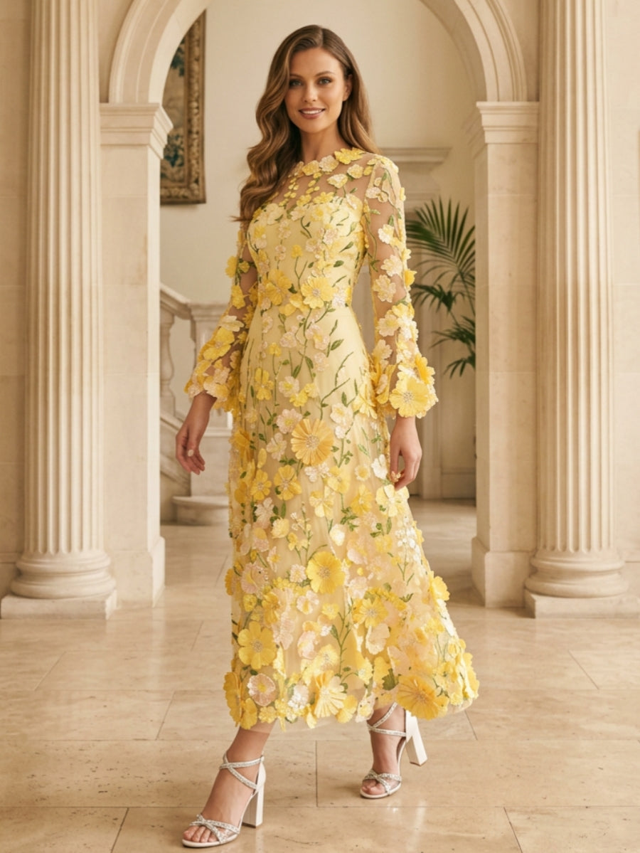 A Line Princess Scoop Lace Appliques Mother Of The Bride Dresses Floral Long Sleeves Tea Length