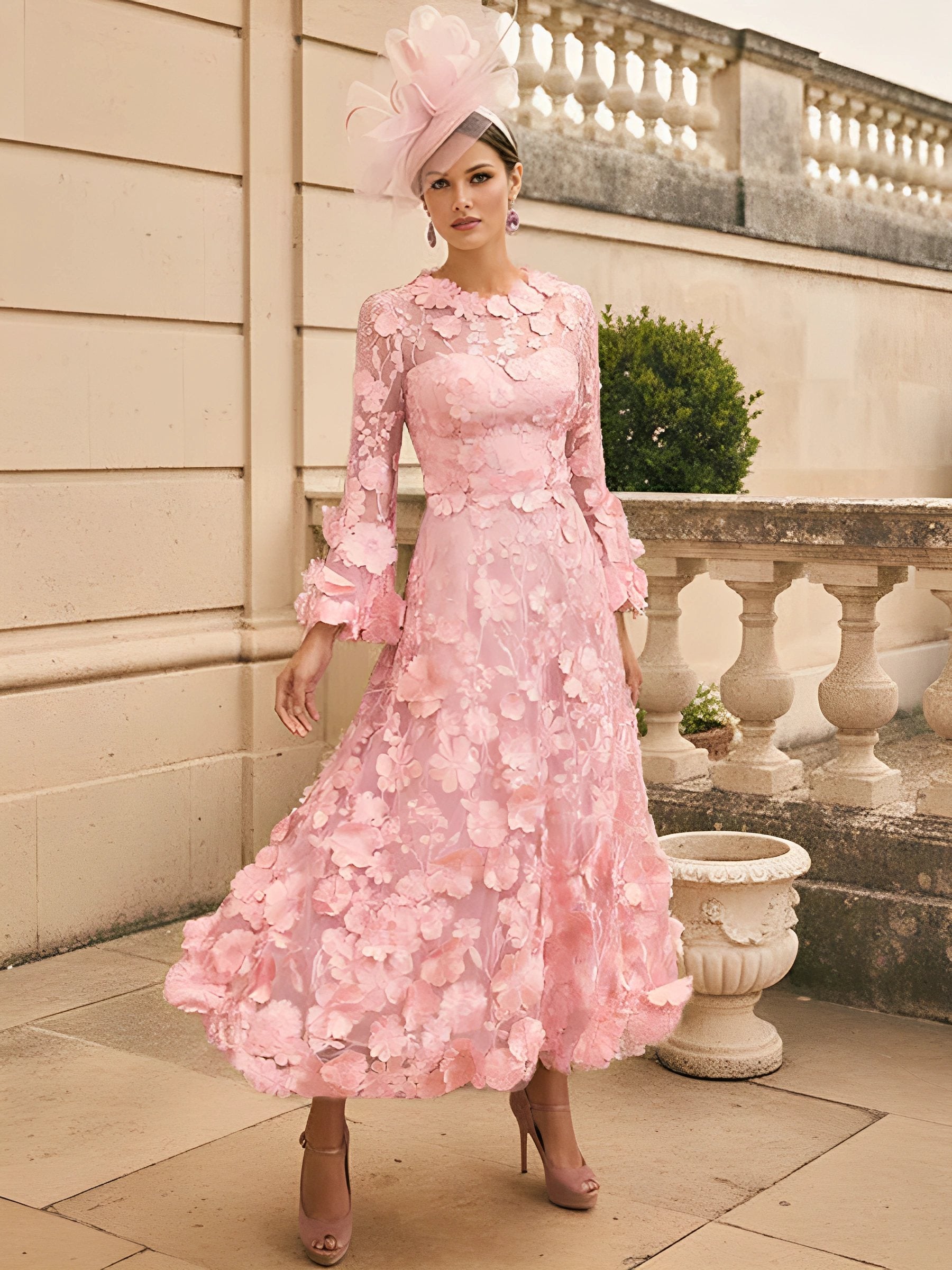 A Line Princess Scoop Lace Appliques Mother Of The Bride Dresses Floral Long Sleeves Tea Length
