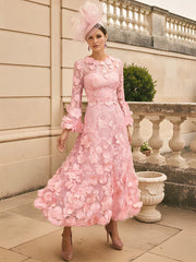 A Line Princess Scoop Lace Appliques Mother Of The Bride Dresses Floral Long Sleeves Tea Length