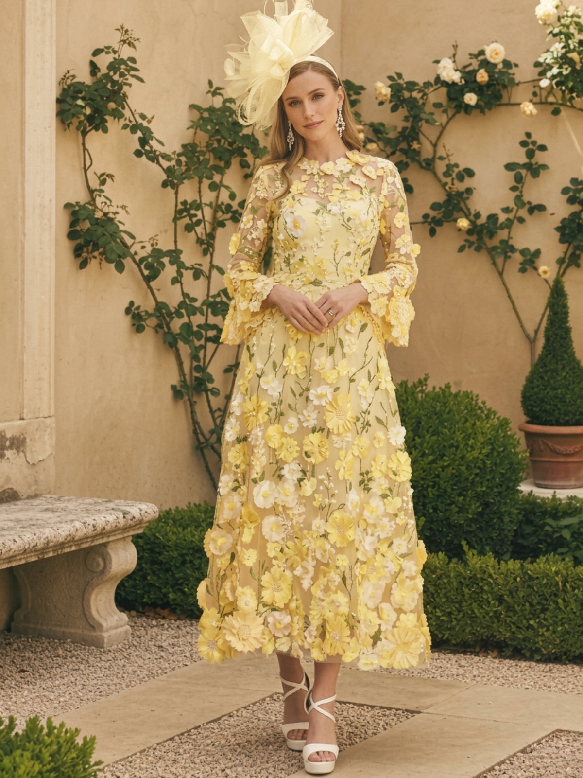 A Line Princess Scoop Lace Appliques Mother Of The Bride Dresses Floral Long Sleeves Tea Length