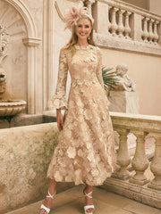 A-Line/Princess Scoop Lace Appliques Mother of the Bride Dresses Floral Long Sleeves Tea-Length