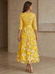 A Line Princess Scoop Satin Mother Of The Bride Dresses With Bowknot Lace Floral 3 4 Sleeves Tea Length