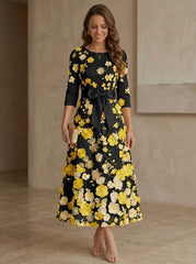 A Line Princess Scoop Satin Mother Of The Bride Dresses With Bowknot Lace Floral 3 4 Sleeves Tea Length