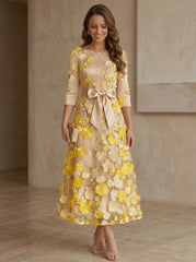 A Line Princess Scoop Satin Mother Of The Bride Dresses With Bowknot Lace Floral 3 4 Sleeves Tea Length