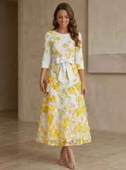 A-Line/Princess Scoop Satin Mother of the Bride Dresses with Bowknot Lace Floral 3/4 Sleeves Tea-Length