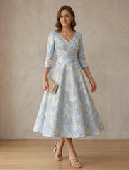 A Line Princess V Neck Satin Mother Of The Bride Dresses Floral 3 4 Sleeves Tea Length Ruched