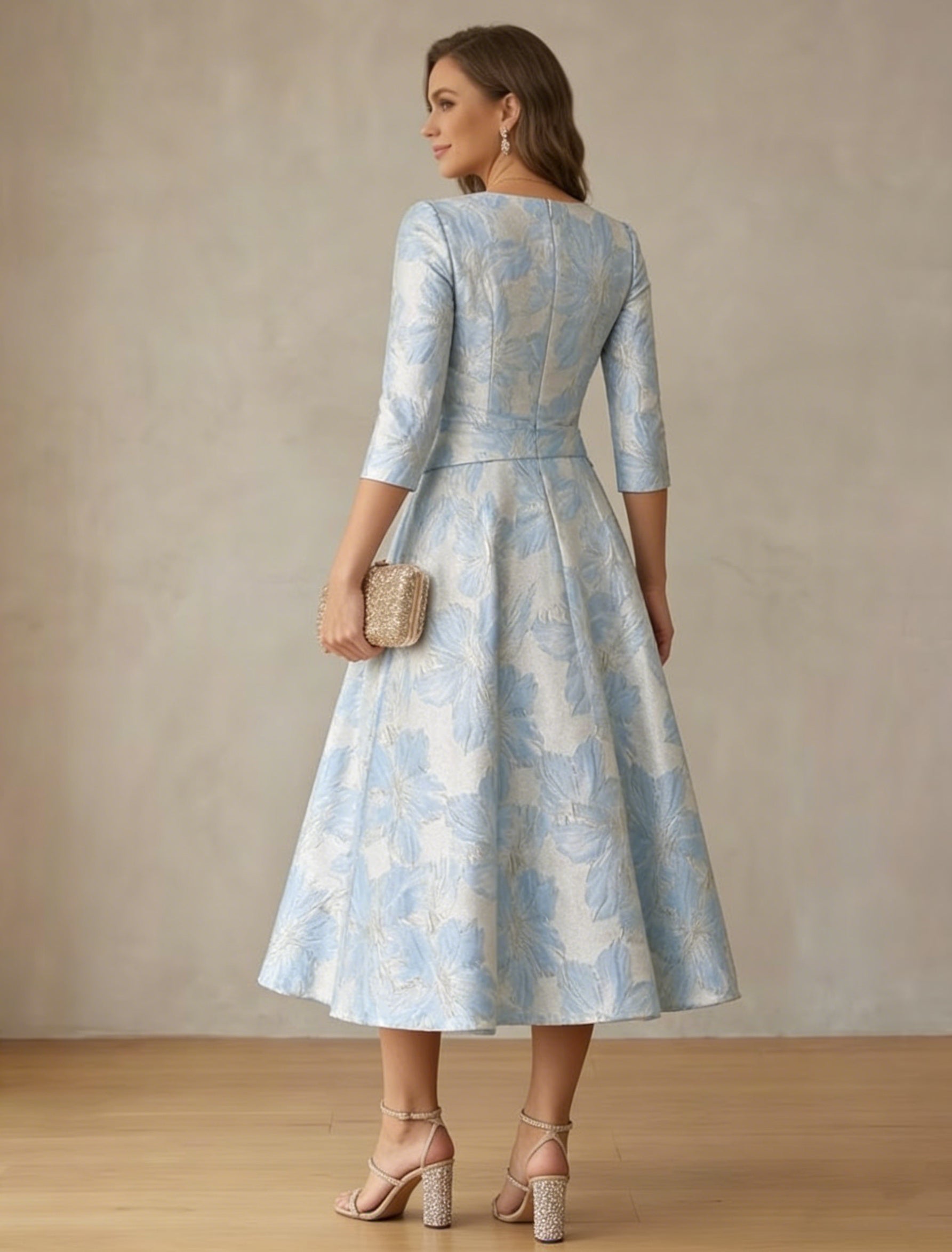 A Line Princess V Neck Satin Mother Of The Bride Dresses Floral 3 4 Sleeves Tea Length Ruched
