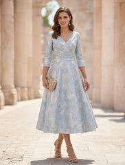 A Line Princess V Neck Satin Mother Of The Bride Dresses Floral 3 4 Sleeves Tea Length Ruched