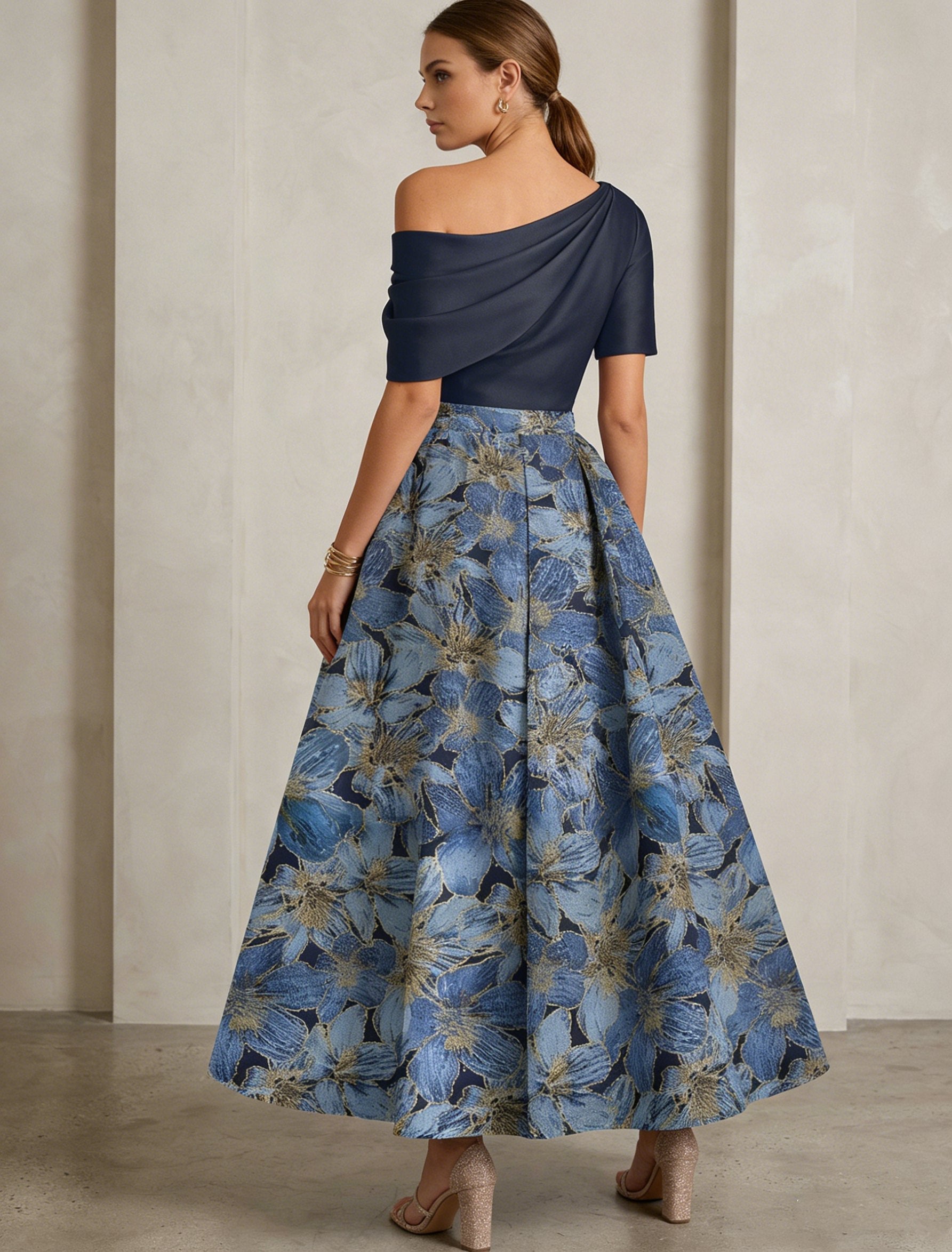 A Line Princess One Shoulder Satin Mother Of The Bride Dresses Floral Short Sleeves Ankle Length