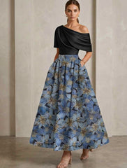 A Line Princess One Shoulder Satin Mother Of The Bride Dresses Floral Short Sleeves Ankle Length