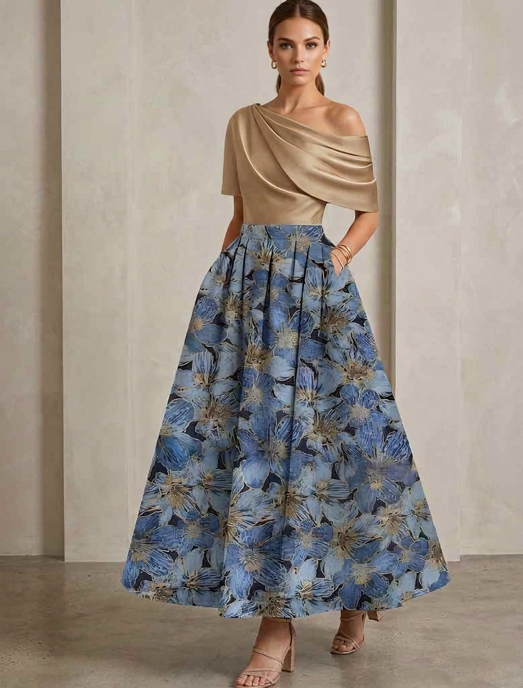 A Line Princess One Shoulder Satin Mother Of The Bride Dresses Floral Short Sleeves Ankle Length