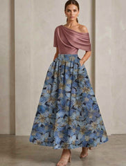 A Line Princess One Shoulder Satin Mother Of The Bride Dresses Floral Short Sleeves Ankle Length