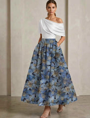 A-Line/Princess One-Shoulder Satin Mother of the Bride Dresses Floral Short Sleeves Ankle Length