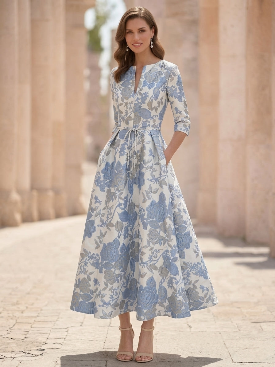 A Line Princess V Neck Jacquard Mother Of The Bride Dresses Floral Tea Length Half Sleeves Ruffles
