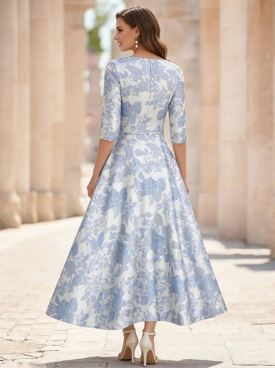 A Line Princess V Neck Jacquard Mother Of The Bride Dresses Floral Tea Length Half Sleeves Ruffles