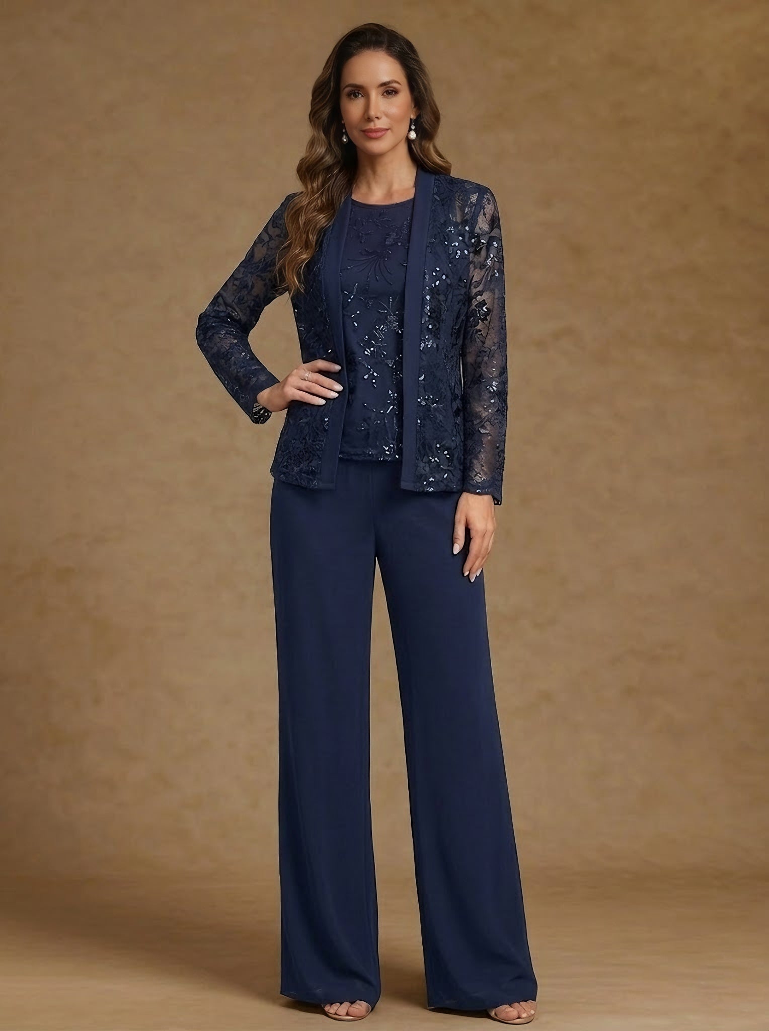 3 Pieces Chiffon Scoop Mother Of The Bride Pantsuits With Jacket Sequins Long Sleeves Floor Length