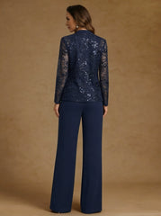 3 Pieces Chiffon Scoop Mother Of The Bride Pantsuits With Jacket Sequins Long Sleeves Floor Length