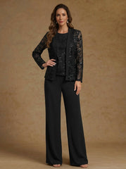 3 Pieces Chiffon Scoop Mother of the Bride Pantsuits with Jacket Sequins Long Sleeves Floor Length