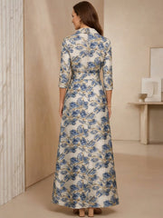 A Line Princess Shirt Collar Satin Mother Of The Bride Dresses Floral 3 4 Sleeves Ankle Length Belt