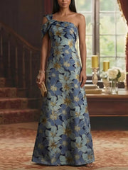 A Line Princess One Shoulder Jacquard Mother Of The Bride Dresses Floral Floor Length Sleeveless