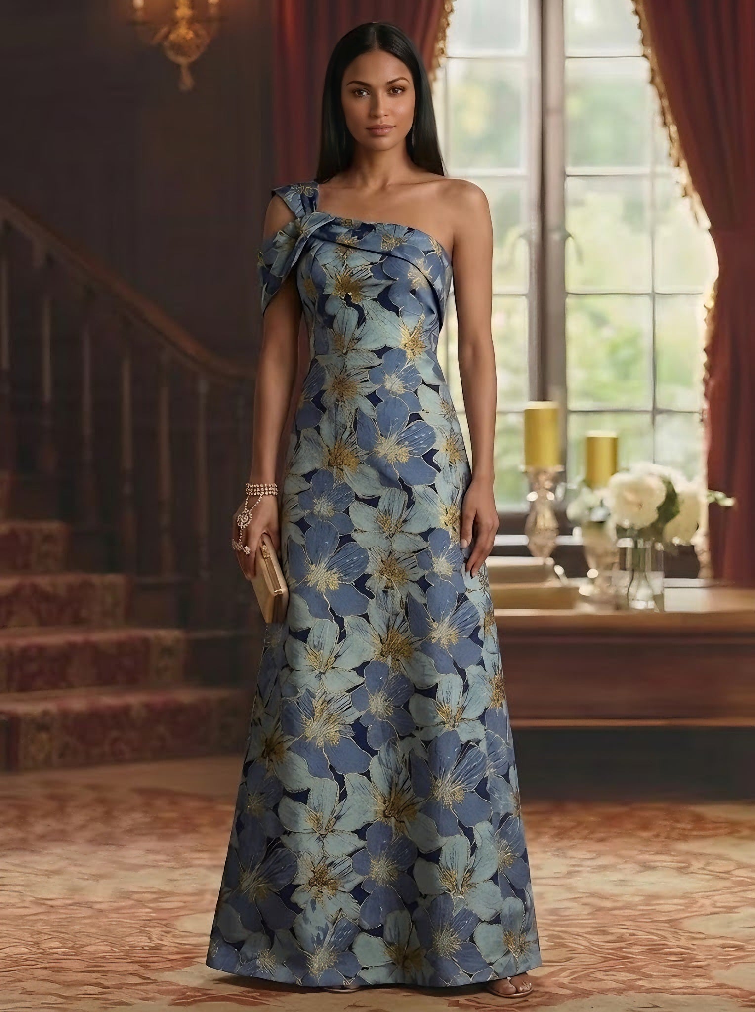 A Line Princess One Shoulder Jacquard Mother Of The Bride Dresses Floral Floor Length Sleeveless