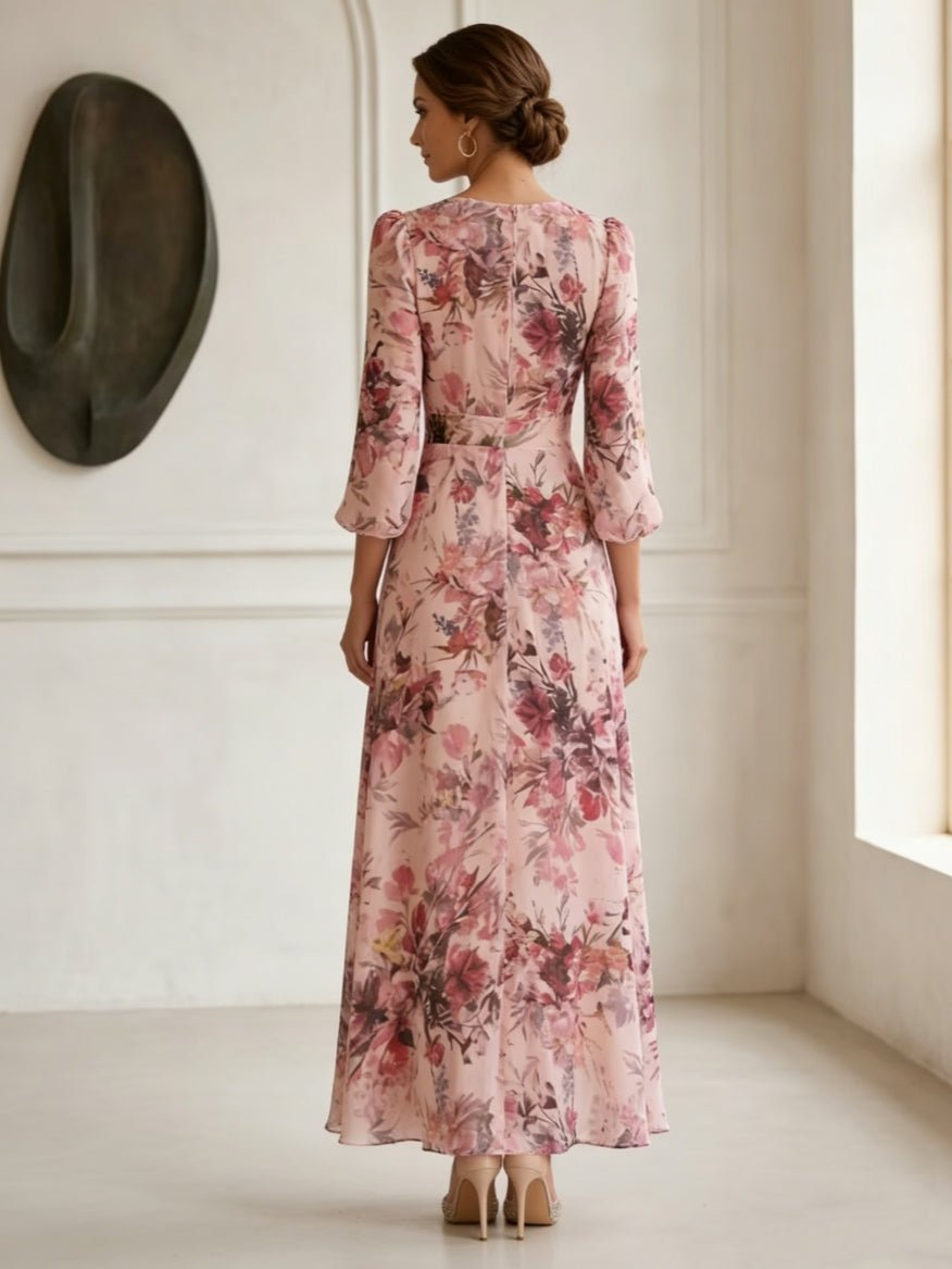 A Line Princess V Neck Chiffon Mother Of The Bride Dresses Floral Ankle Length 3 4 Sleeves