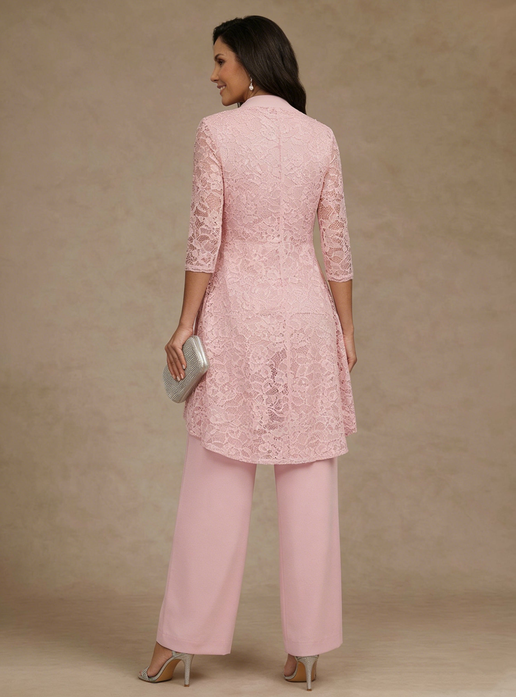 3 Pieces Suit V Neck Chiffon Mother Of The Bride Pantsuits With Jacket Lace Ankle Length 3 4 Sleeves