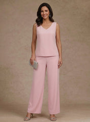 3 Pieces Suit V Neck Chiffon Mother Of The Bride Pantsuits With Jacket Lace Ankle Length 3 4 Sleeves