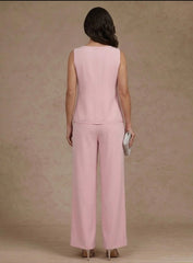 3 Pieces Suit V Neck Chiffon Mother Of The Bride Pantsuits With Jacket Lace Ankle Length 3 4 Sleeves