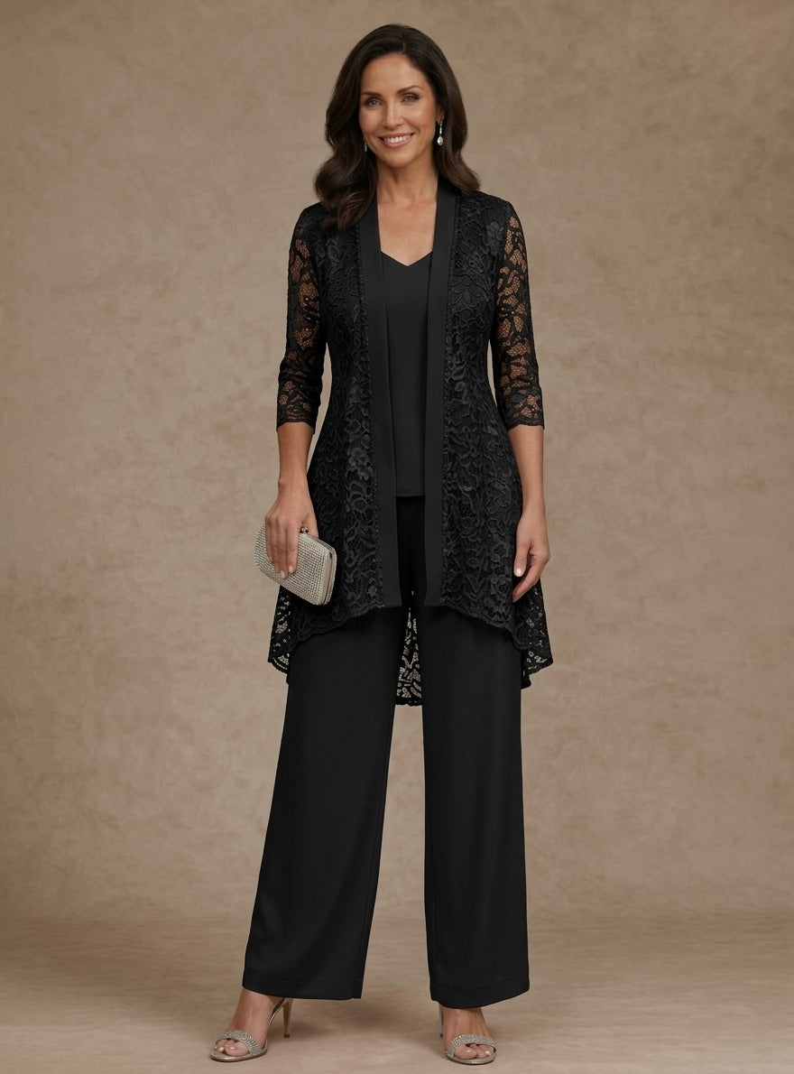 3 Pieces Suit V Neck Chiffon Mother Of The Bride Pantsuits With Jacket Lace Ankle Length 3 4 Sleeves