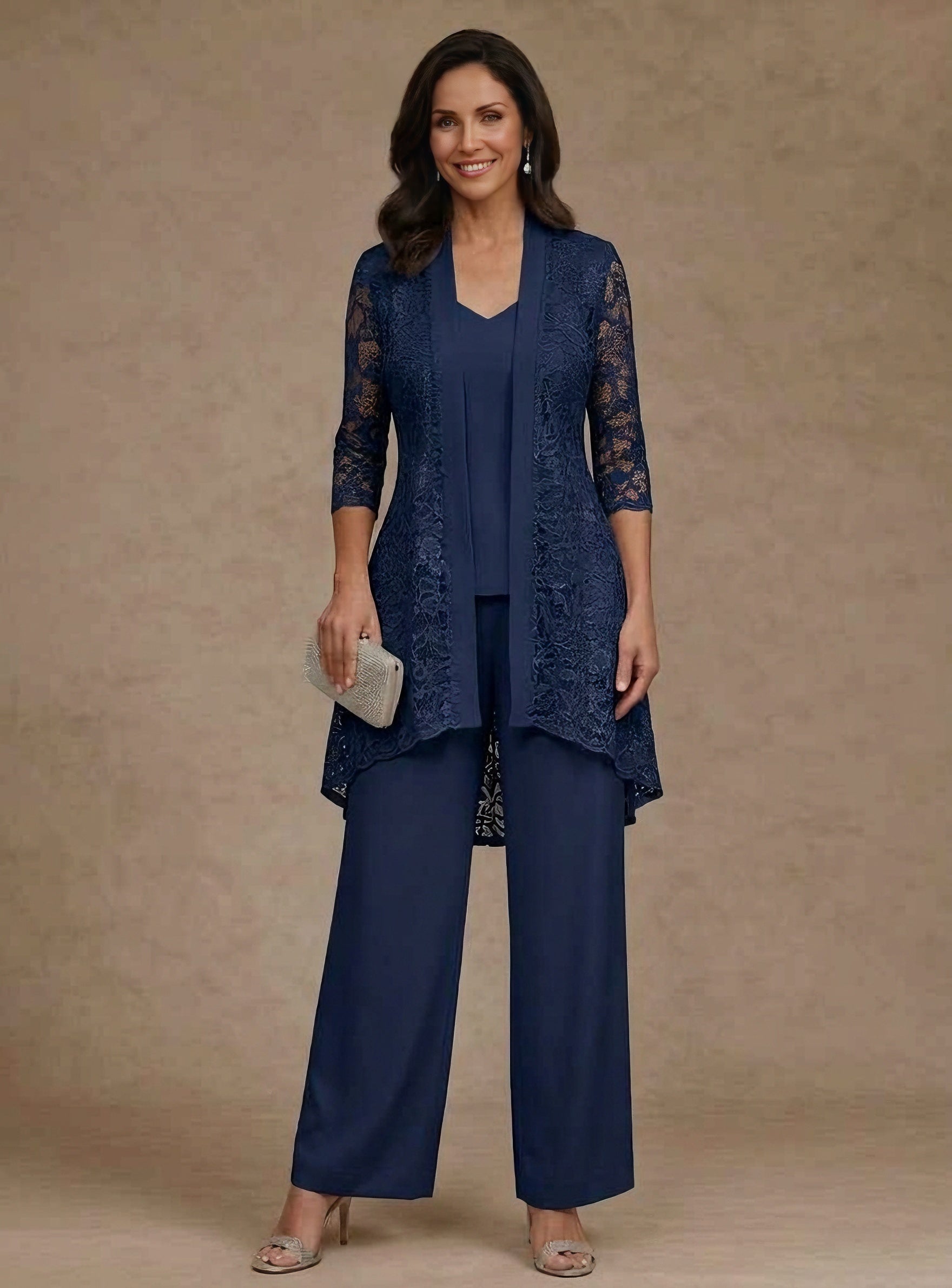 3 Pieces Suit V Neck Chiffon Mother Of The Bride Pantsuits With Jacket Lace Ankle Length 3 4 Sleeves