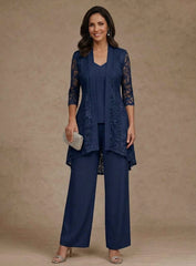 3 Pieces Suit V Neck Chiffon Mother Of The Bride Pantsuits With Jacket Lace Ankle Length 3 4 Sleeves