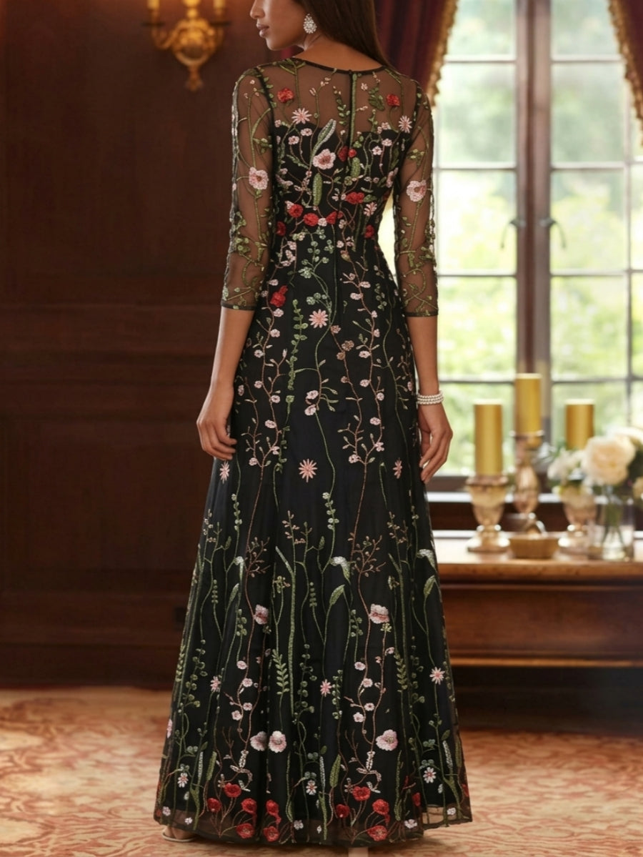 A Line Princess Scoop Lace Embroidery Mother Of The Bride Dresses Floral 3 4 Sleeves Floor Length