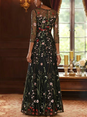 A Line Princess Scoop Lace Embroidery Mother Of The Bride Dresses Floral 3 4 Sleeves Floor Length