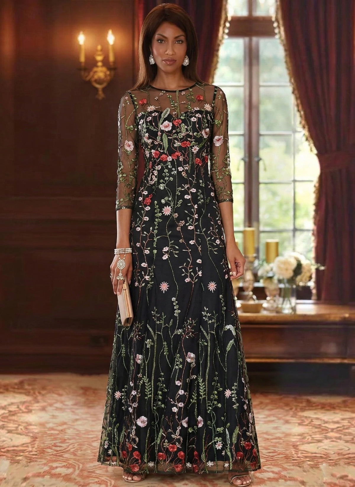 A Line Princess Scoop Lace Embroidery Mother Of The Bride Dresses Floral 3 4 Sleeves Floor Length