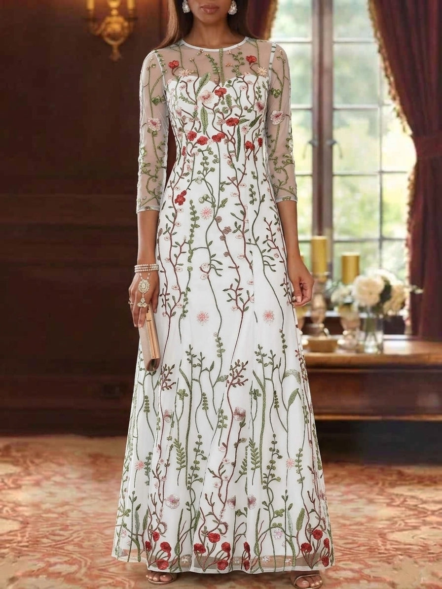 A Line Princess Scoop Lace Embroidery Mother Of The Bride Dresses Floral 3 4 Sleeves Floor Length