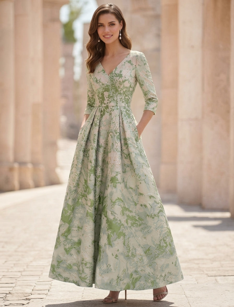 A Line Princess V Neck Jacquard Mother Of The Bride Dresses Ankle Length 3 4 Sleeves Floral