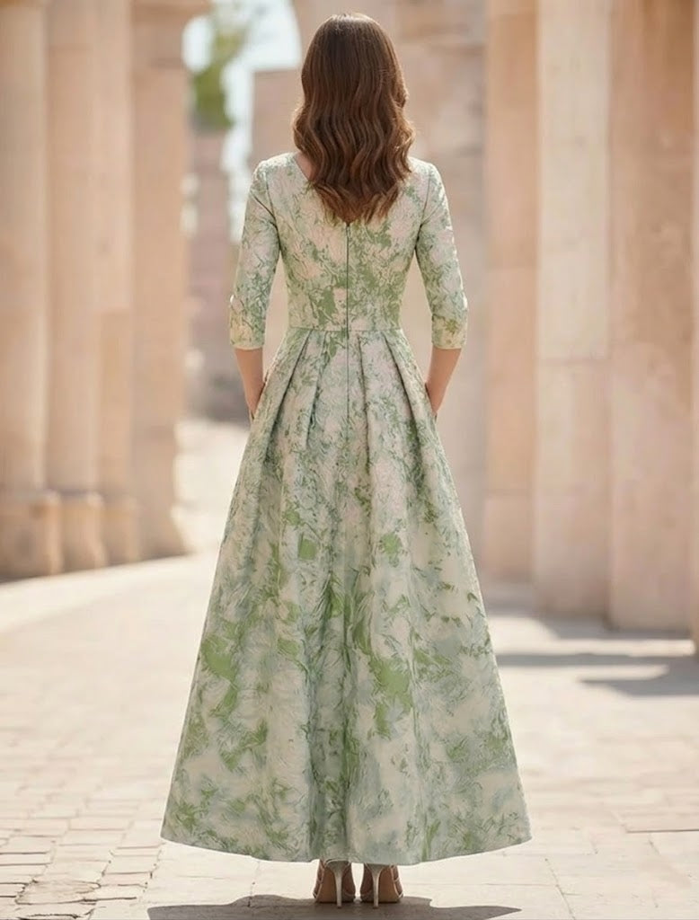 A Line Princess V Neck Jacquard Mother Of The Bride Dresses Ankle Length 3 4 Sleeves Floral