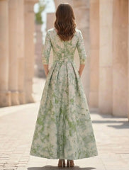 A Line Princess V Neck Jacquard Mother Of The Bride Dresses Ankle Length 3 4 Sleeves Floral