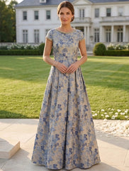 A Line Princess Scoop Jacquard Mother Of The Bride Dresses Floral Short Sleeves Floor Length Beading