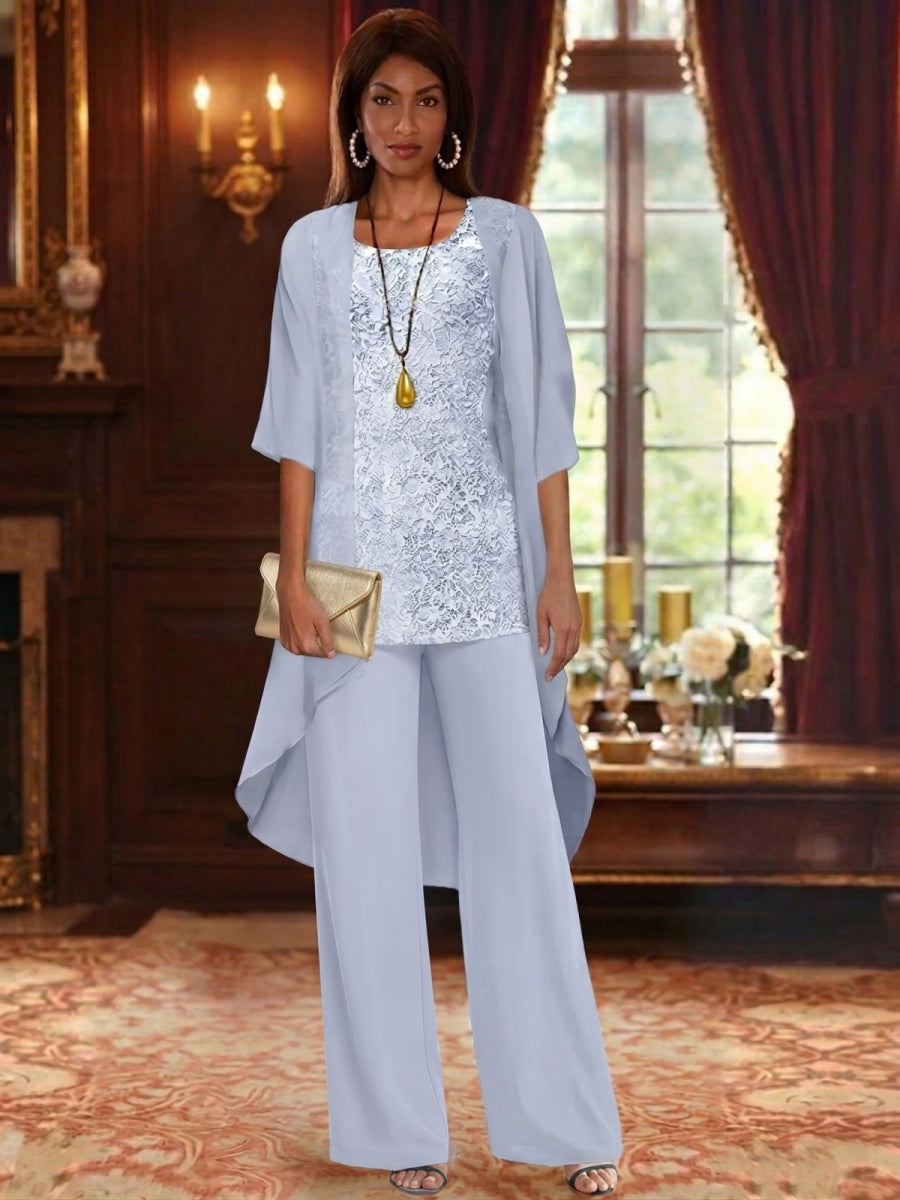 3 Pieces Suit Chiffon Mother Of The Bride Pantsuits With Jacket Scoop 3 4 Sleeves Ankle Length Lace