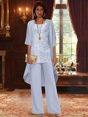3 Pieces Suit Chiffon Mother Of The Bride Pantsuits With Jacket Scoop 3 4 Sleeves Ankle Length Lace