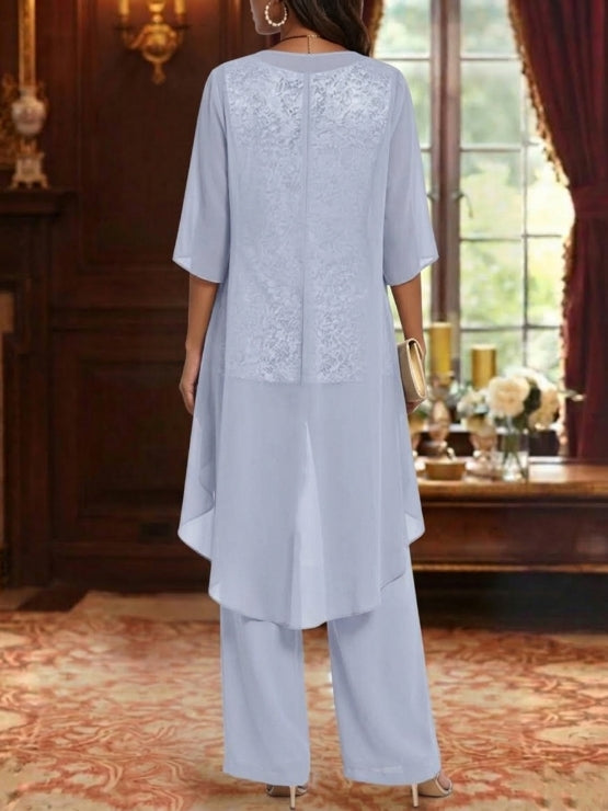 3 Pieces Suit Chiffon Mother Of The Bride Pantsuits With Jacket Scoop 3 4 Sleeves Ankle Length Lace