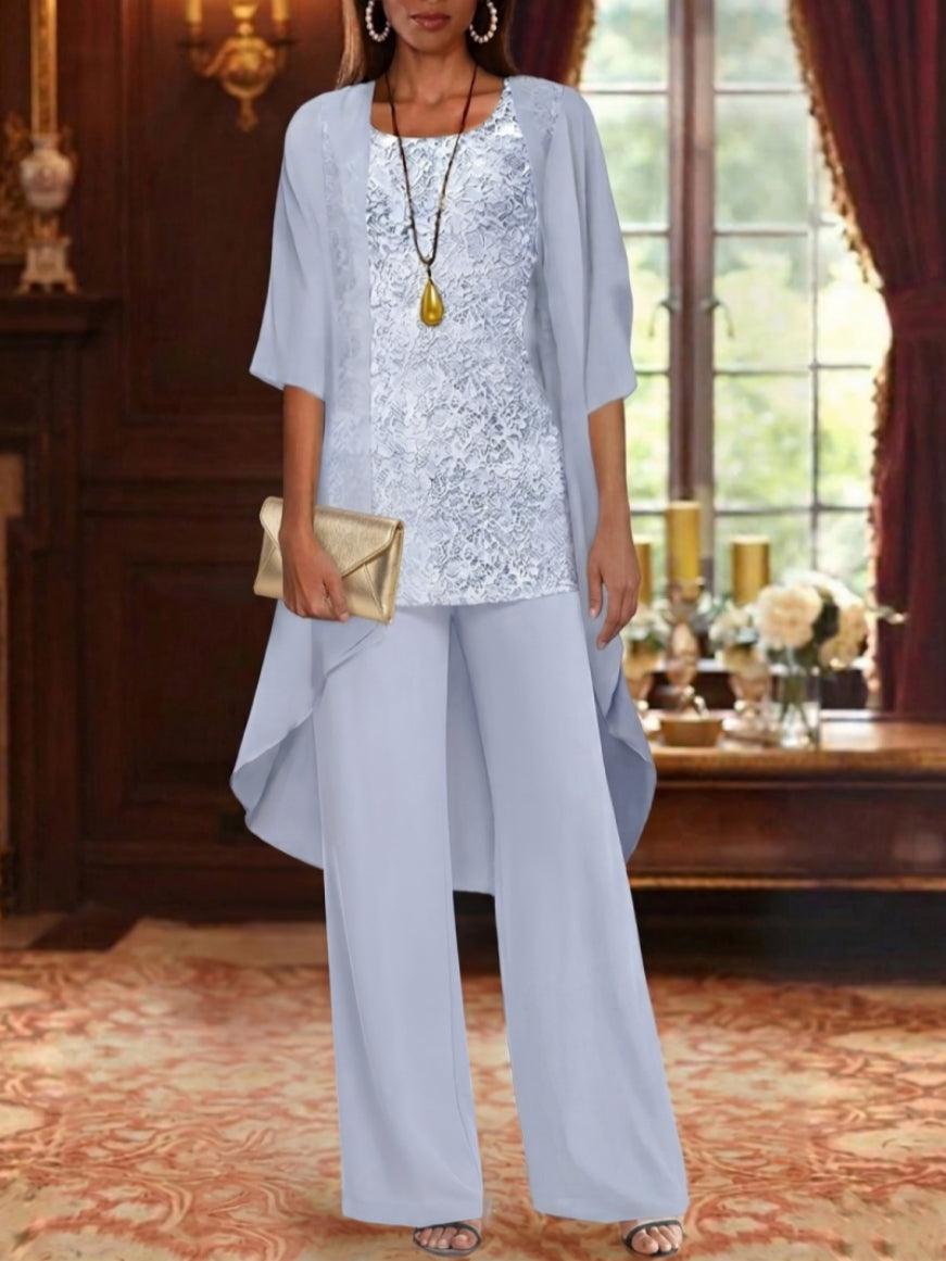 3 Pieces Suit Chiffon Mother Of The Bride Pantsuits With Jacket Scoop 3 4 Sleeves Ankle Length Lace