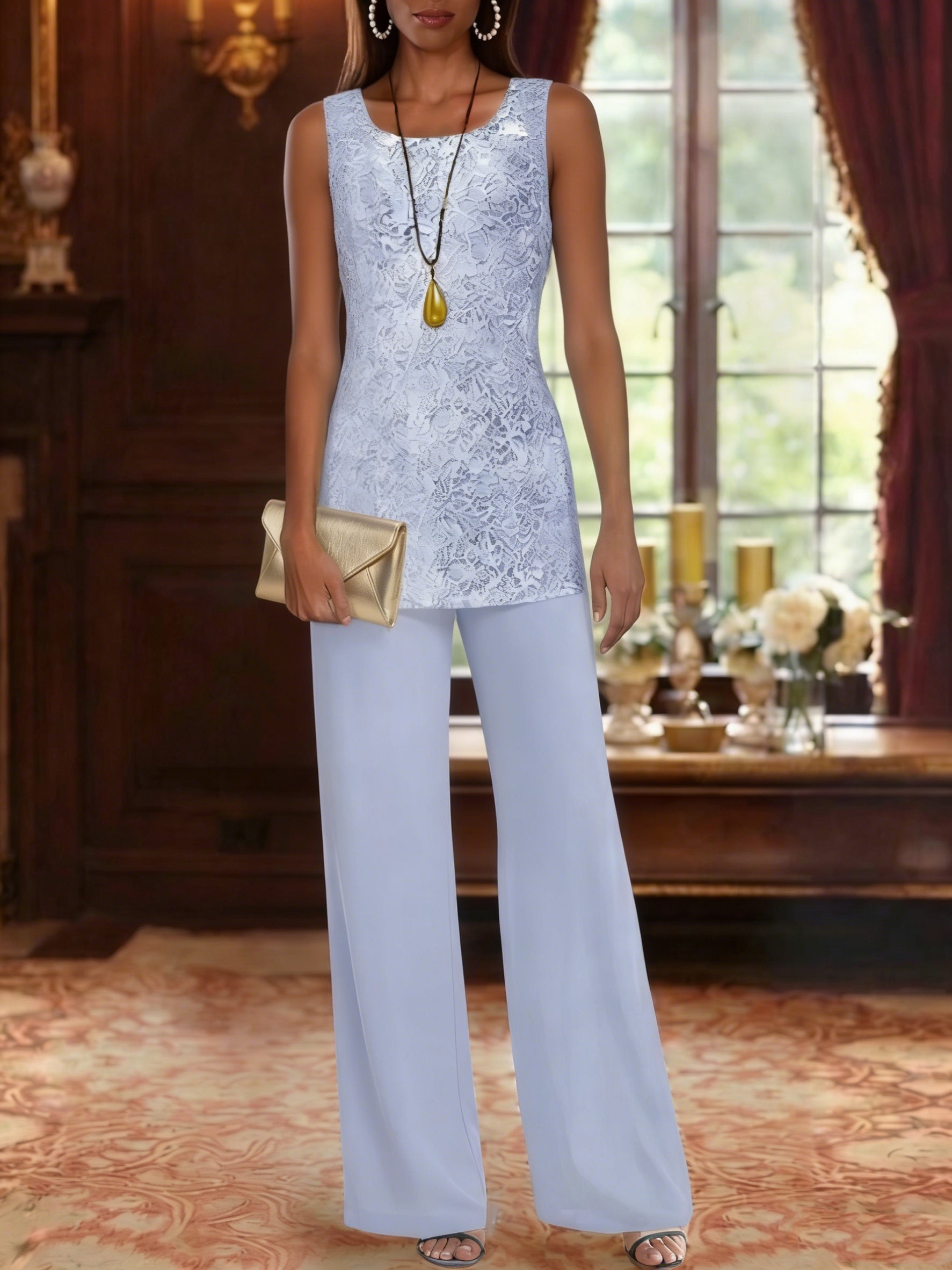 3 Pieces Suit Chiffon Mother Of The Bride Pantsuits With Jacket Scoop 3 4 Sleeves Ankle Length Lace